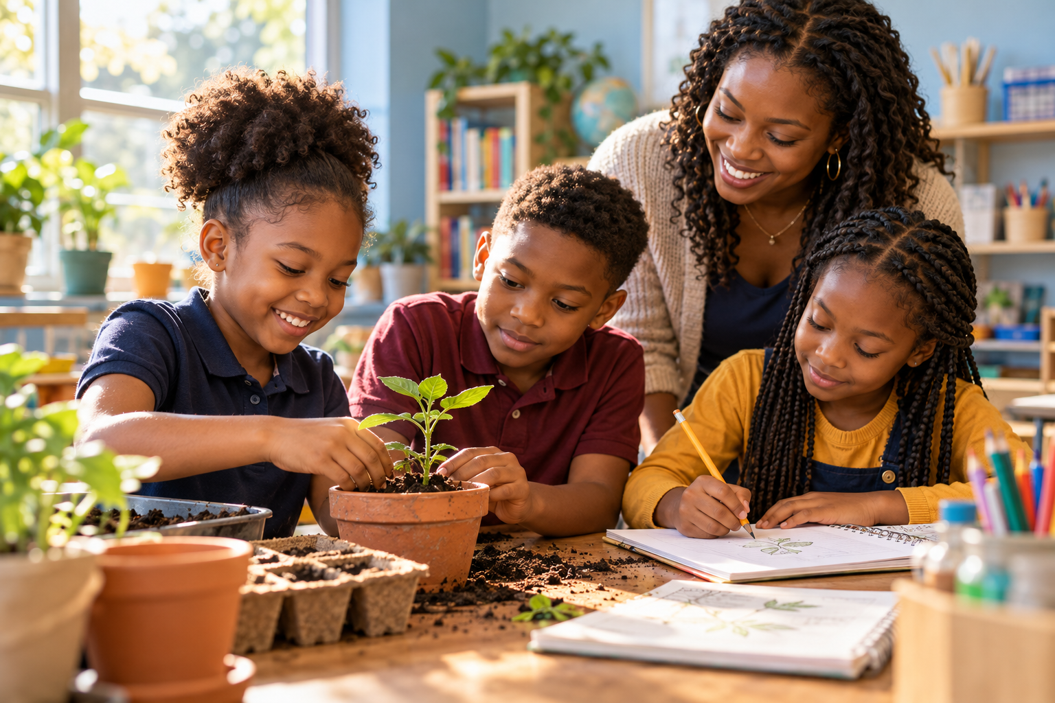 Illustration of young scholars planting a seedling and drawing with a caring mentor in a bright learning space
